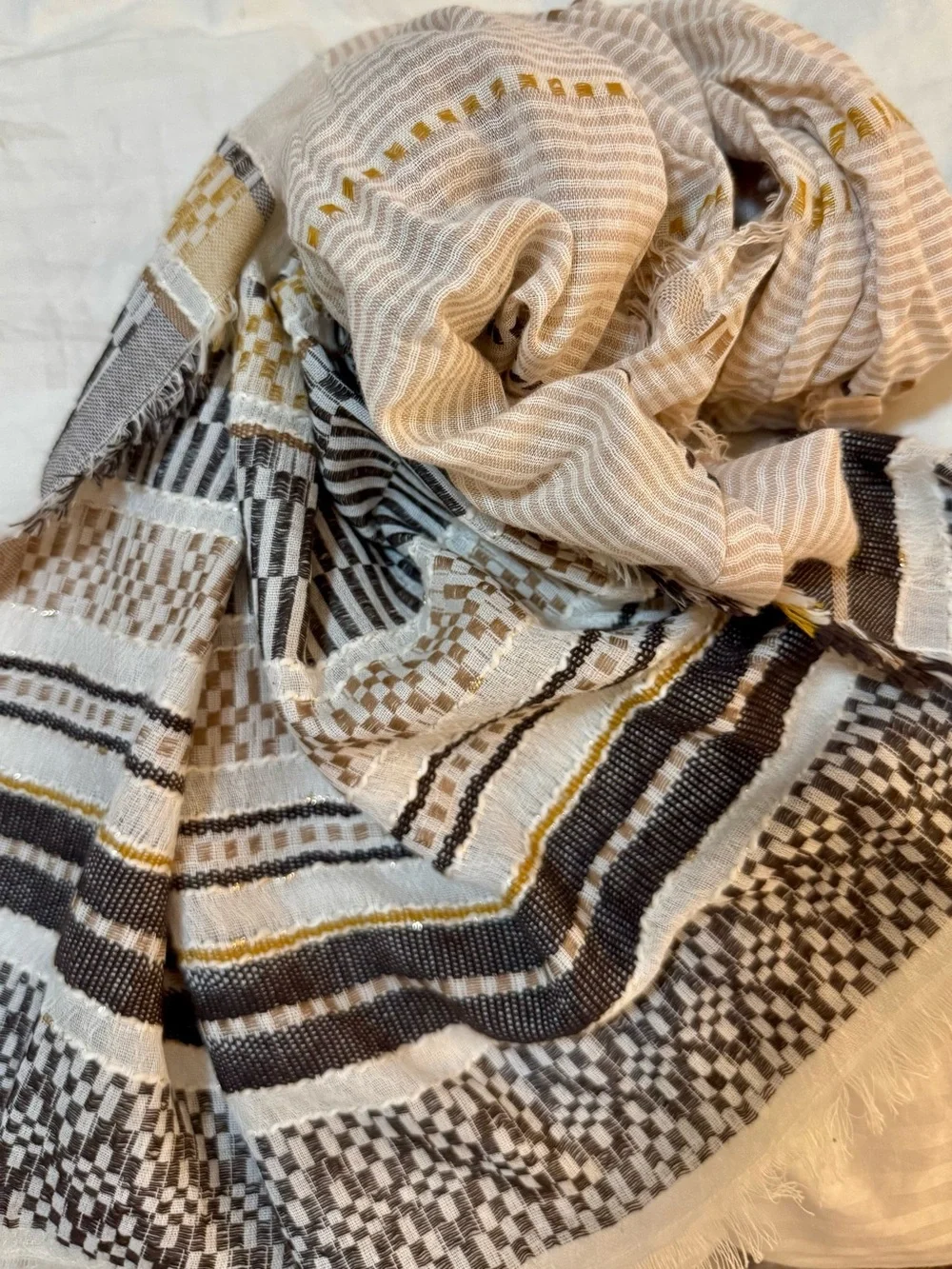 J. Jill -Lightweight Cream and Black Striped Decorative Scarf with Gold Accents